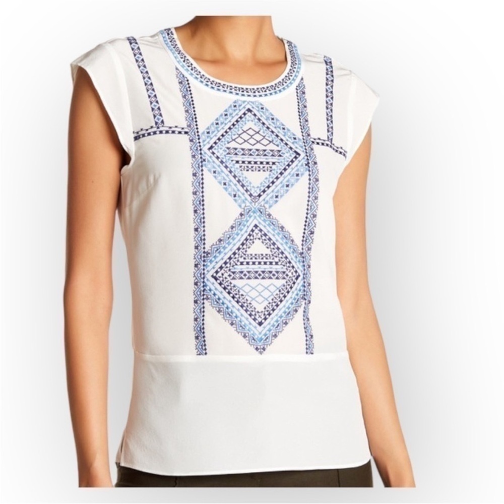 Veronica Beard Baja Flutter Cap Sleeve Top Silk Embroidered Boho Cream Blue 2
